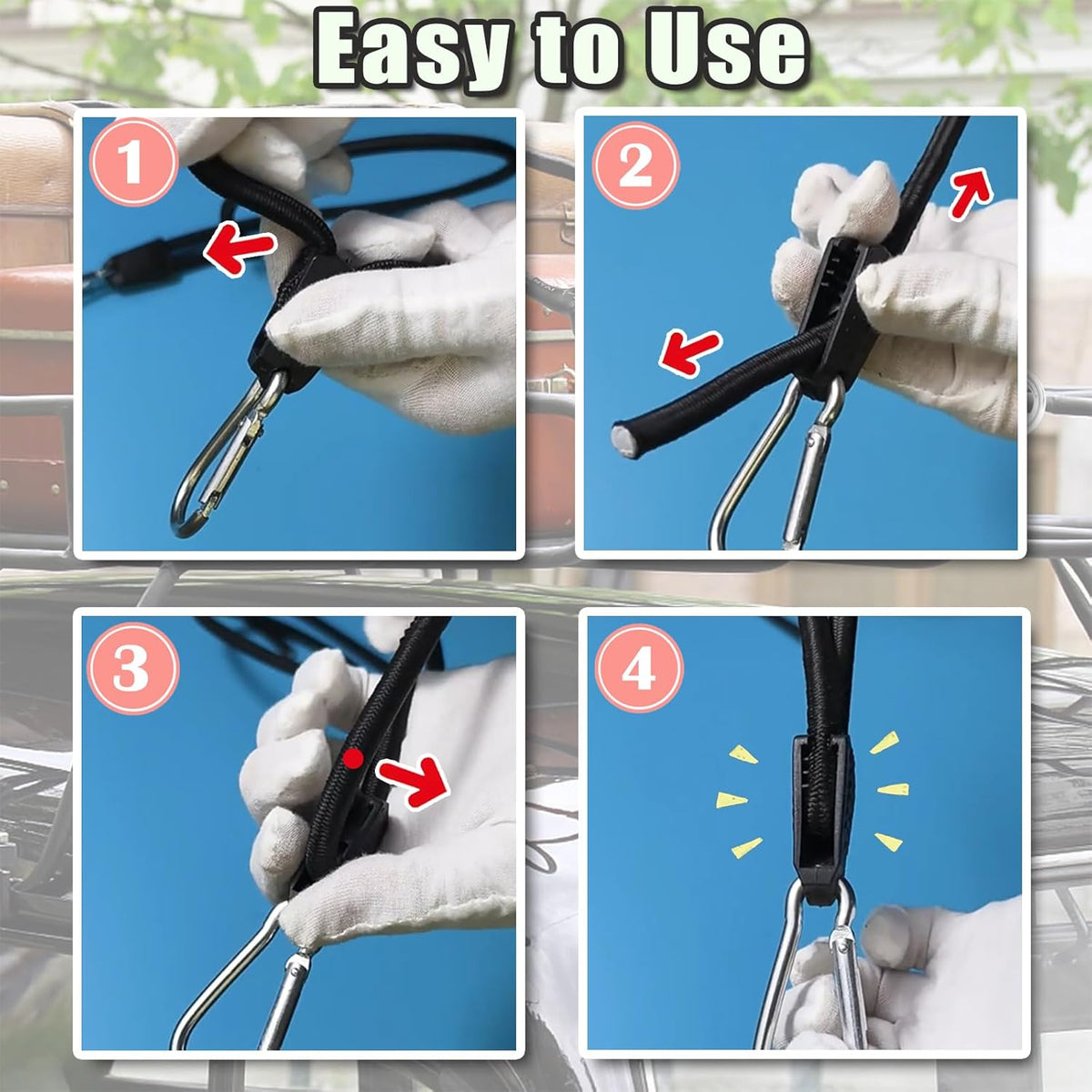 4 Pack 40 Inch Adjustable Carabiner Bungee Cords with Hooks Easy to Adjust from 35" to 60" Black Extra Strong Elastic Rope Outdoor Heavy Duty Bungee Straps for Camping Tarps Bike Rack Tent