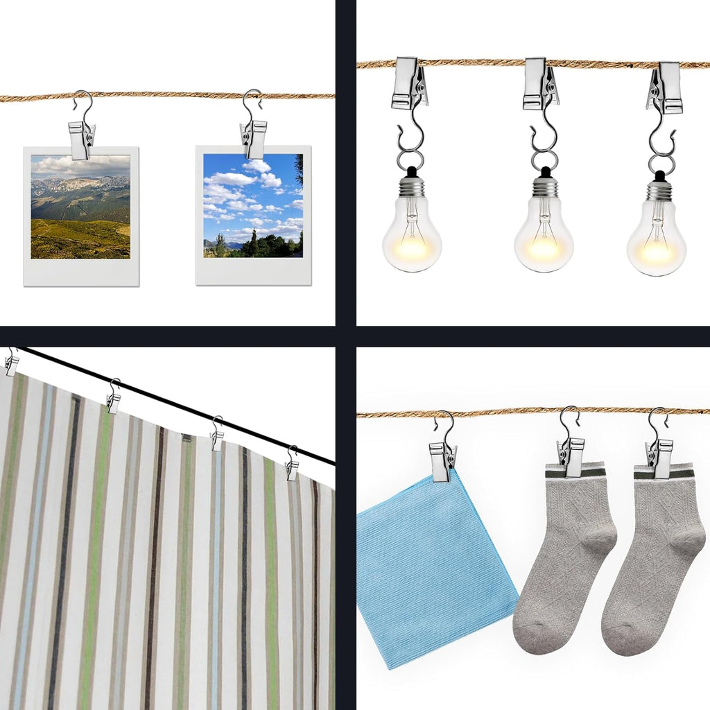 Small Hanging Clip for Curtains - 100 Pack Camper Awning Lights Clips with Light Hanger Hooks, Best for Camp Tent Photo Display Indoor Outdoor Decoration（Silver）