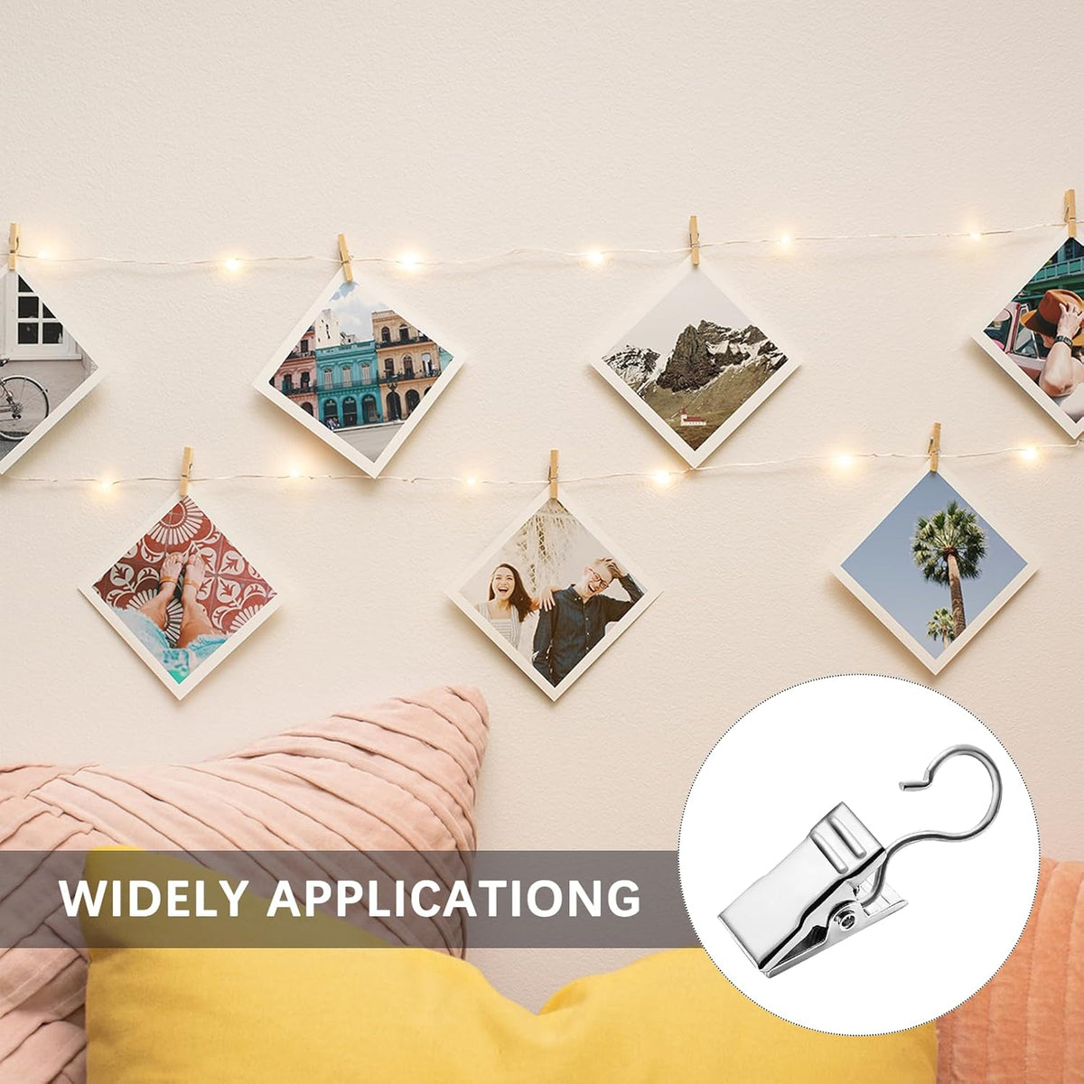 Small Hanging Clip for Curtains - 100 Pack Camper Awning Lights Clips with Light Hanger Hooks, Best for Camp Tent Photo Display Indoor Outdoor Decoration（Silver）