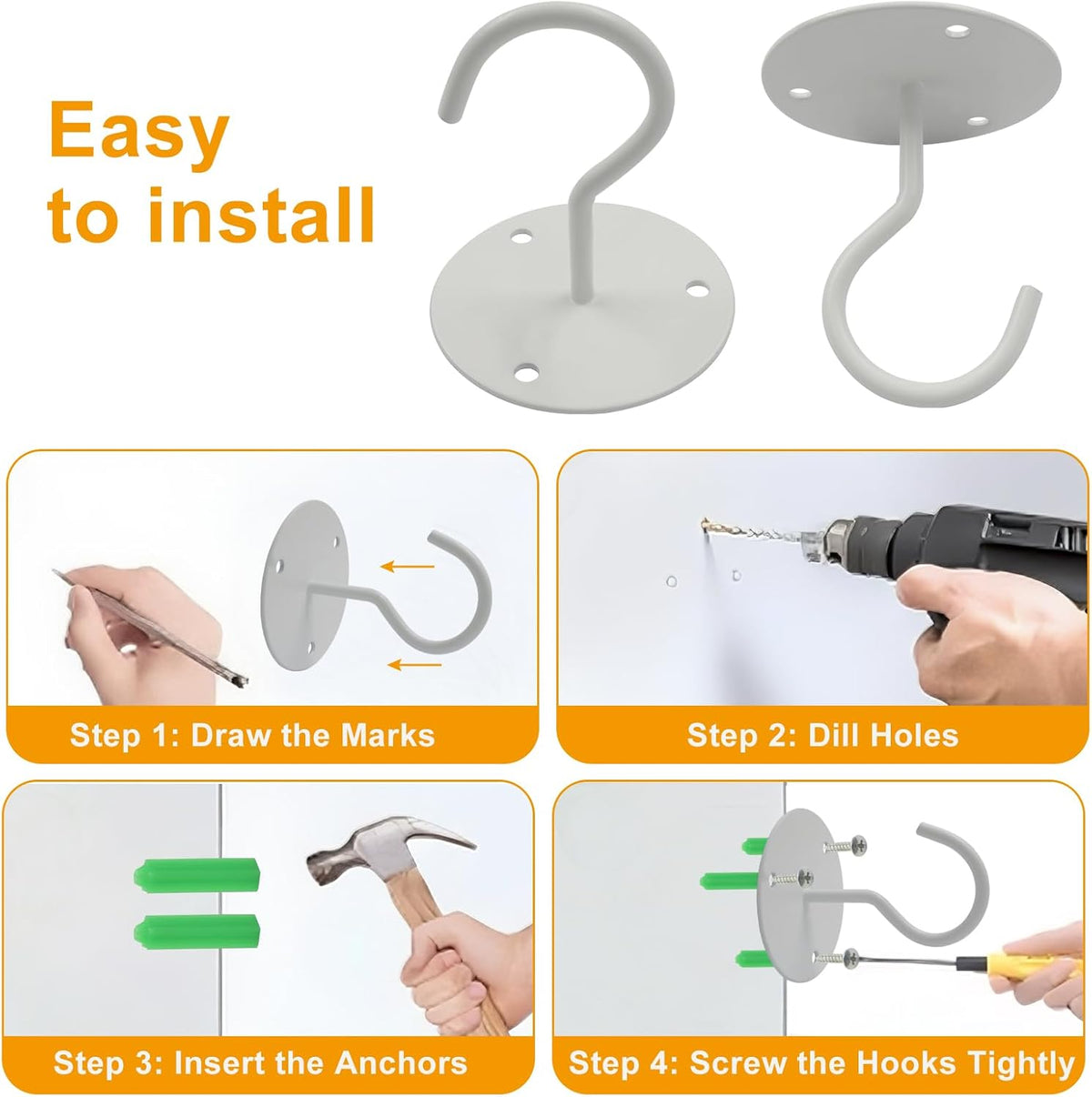 3 Pack Heavy Duty Ceiling Hooks, Metal Wall Mounted Hangers for Indoor Outdoor Bird Feeders Planters, Hanging Plants(White)