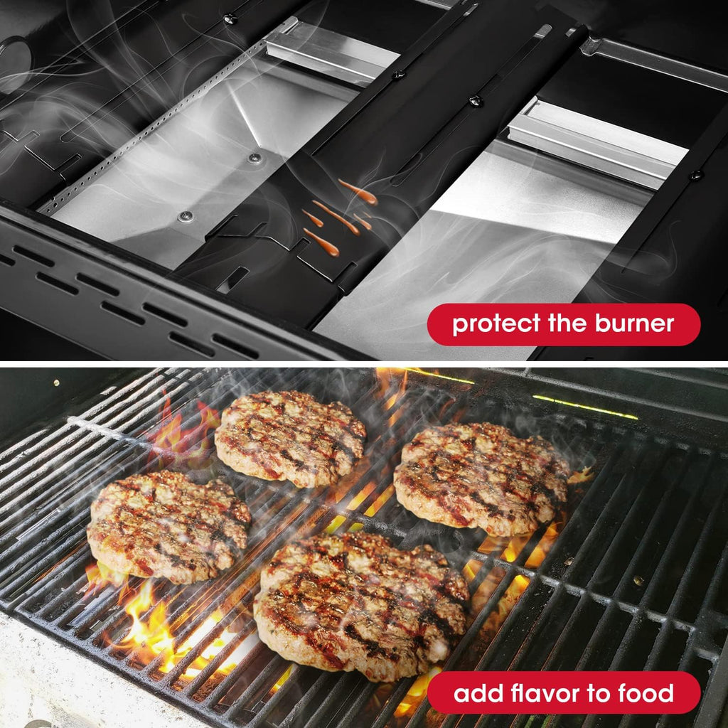 Universal Replacement Heavy Duty Adjustable Porcelain Steel Heat Plate Shield, Heat Tent, Flavorizer Bar, Burner Cover, Flame Tamer for Gas Grill, Extends from 11.75" up to 21" L, 4 Pack