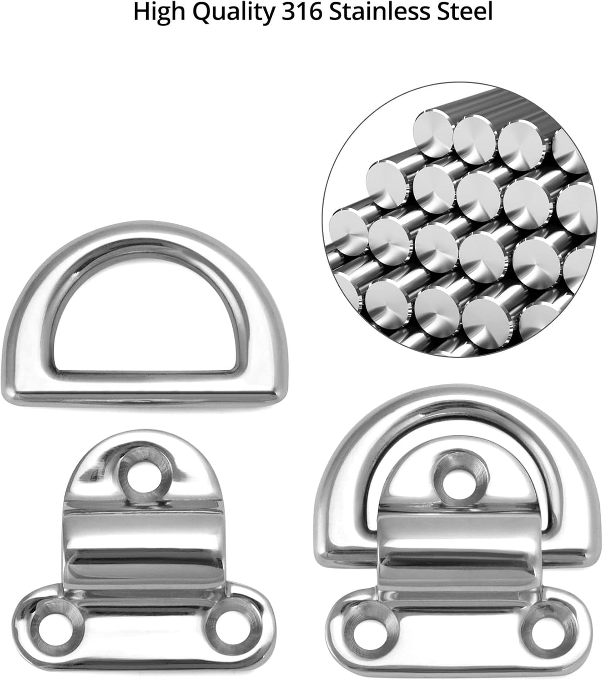 Marine Folding Pad Eye, 4 Pack Marine Grade Stainless Steel 316 D Ring Anchor, 44mm x 40mm Heavy Duty Desk Tie Down Anchor with Plate, for Marine Trailer Boats Truck
