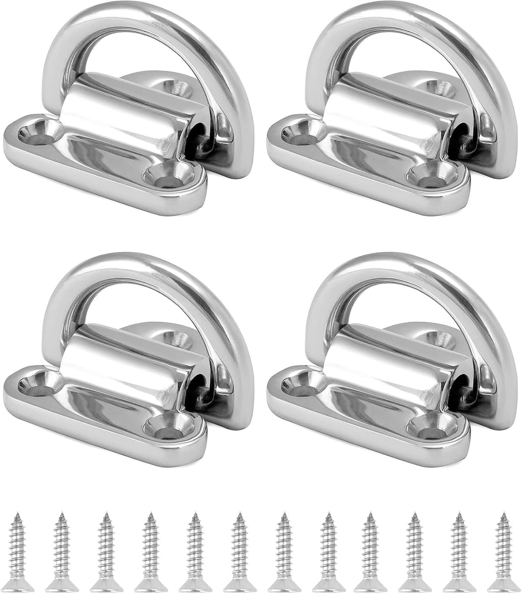 Marine Folding Pad Eye, 4 Pack Marine Grade Stainless Steel 316 D Ring Anchor, 44mm x 40mm Heavy Duty Desk Tie Down Anchor with Plate, for Marine Trailer Boats Truck