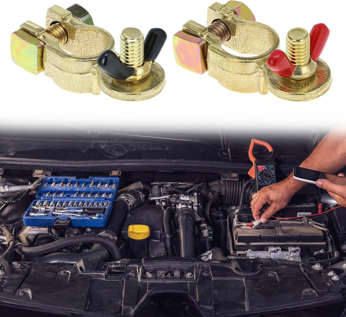 Brass Marine Grade Battery Terminal Top Post, 8 Pairs Battery Terminal Connectors, Battery Terminal Clamps for Boat Car RV, Fit All Standard Top of Post Batteries, 8 Positive + 8 Negative