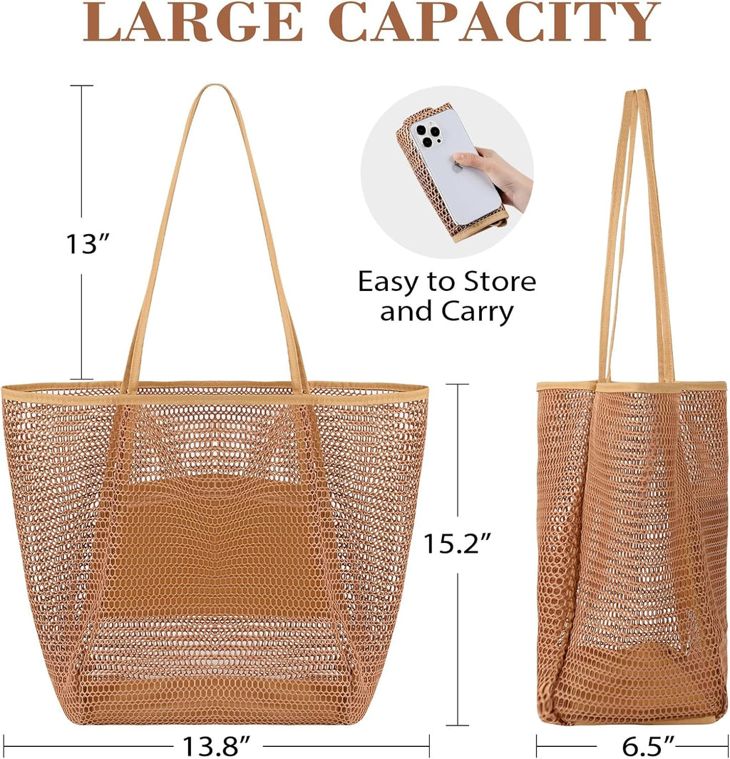Mesh Beach Bag, Beach Bags for Women, Woven Straw Beach Tote Bag Waterproof with Inner Pocket, Packable Beach Bag