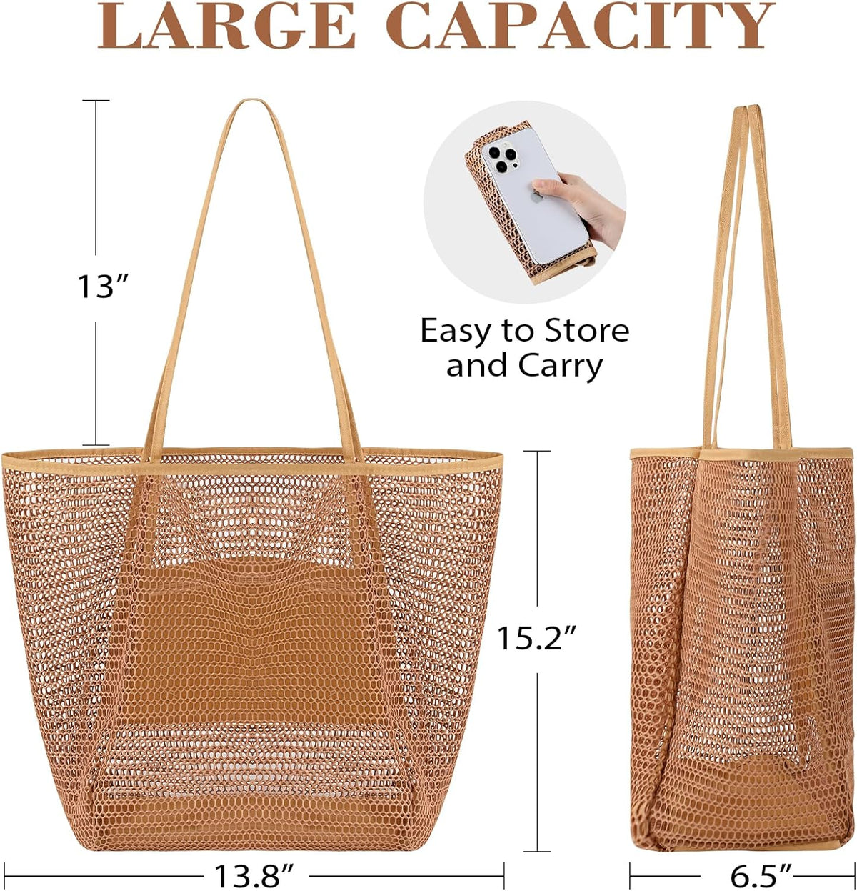 Mesh Beach Bag, Beach Bags for Women, Woven Straw Beach Tote Bag Waterproof with Inner Pocket, Packable Beach Bag