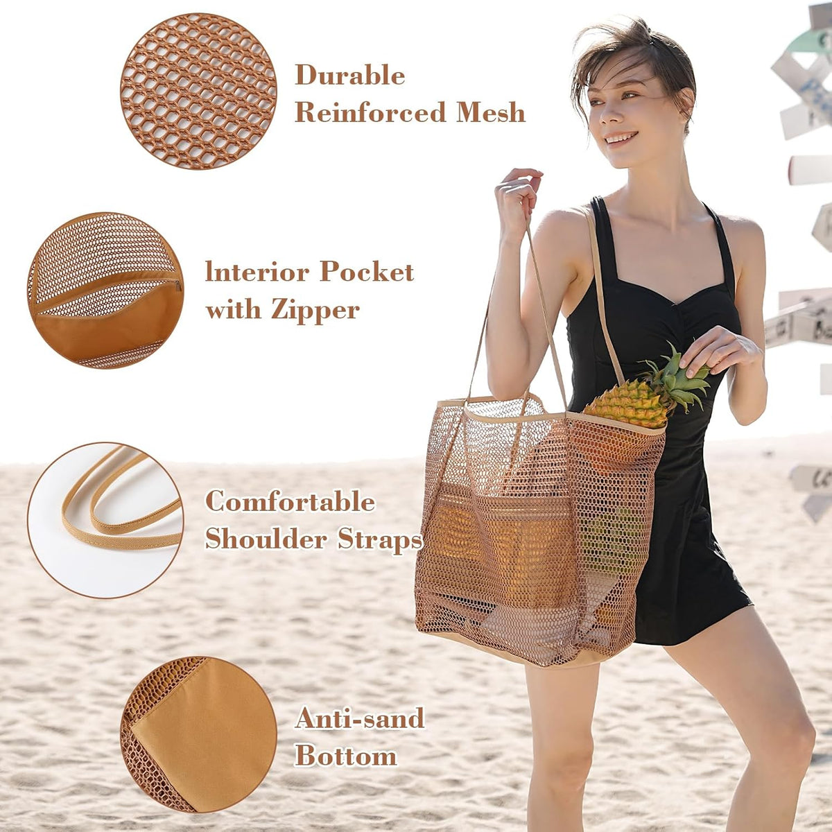 Mesh Beach Bag, Beach Bags for Women, Woven Straw Beach Tote Bag Waterproof with Inner Pocket, Packable Beach Bag