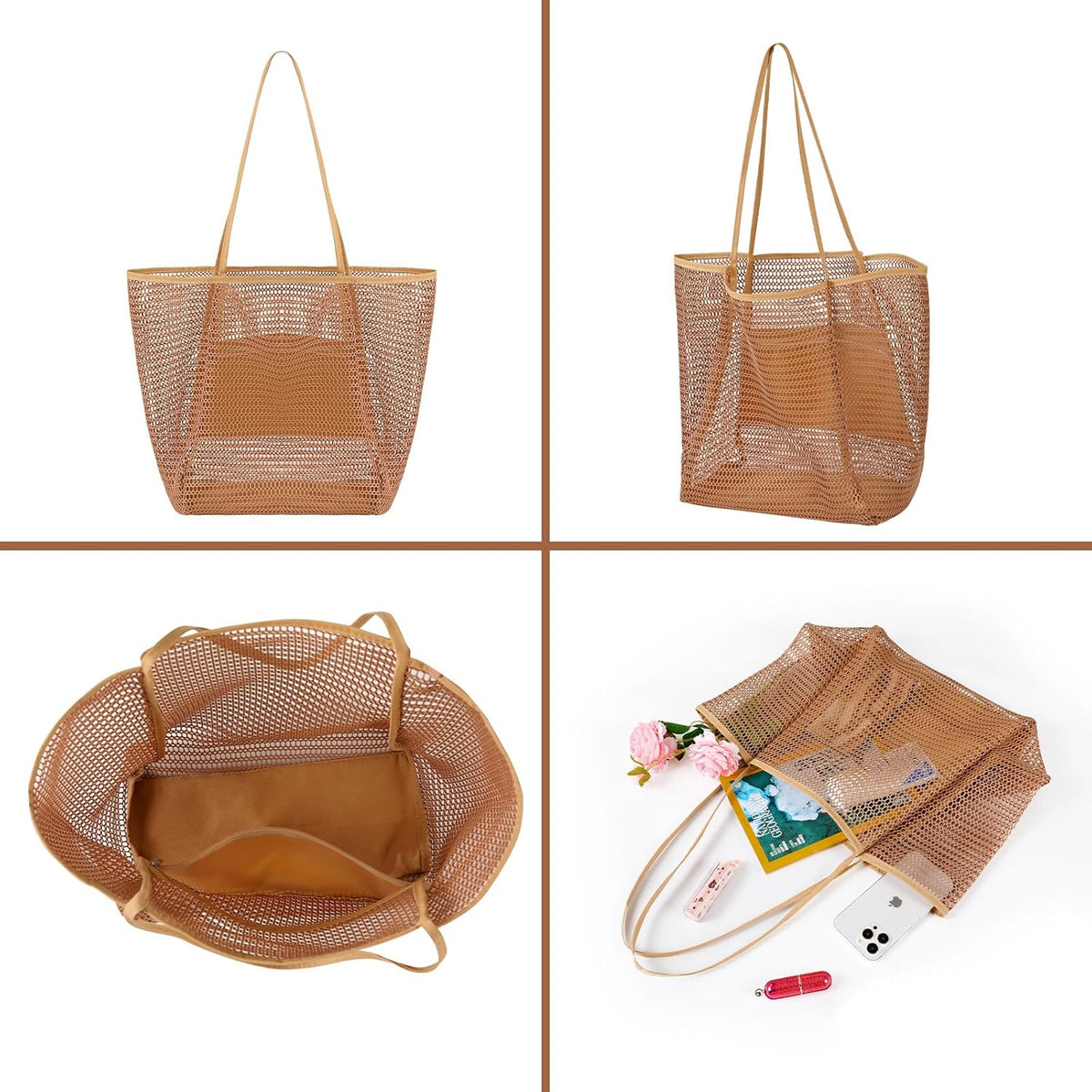 Mesh Beach Bag, Beach Bags for Women, Woven Straw Beach Tote Bag Waterproof with Inner Pocket, Packable Beach Bag