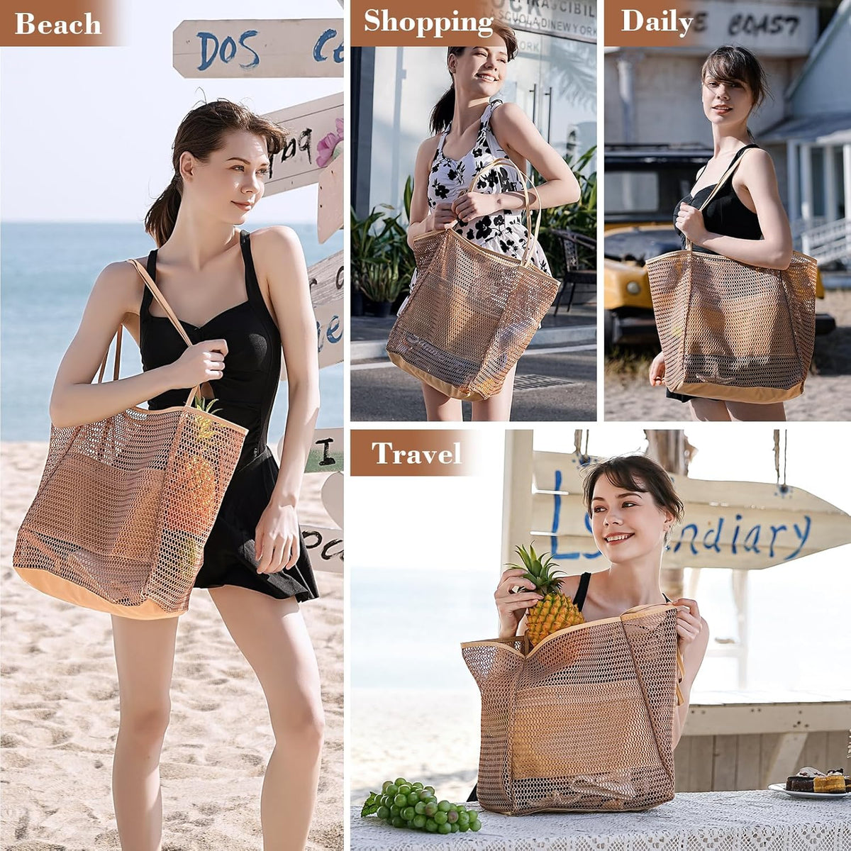 Mesh Beach Bag, Beach Bags for Women, Woven Straw Beach Tote Bag Waterproof with Inner Pocket, Packable Beach Bag