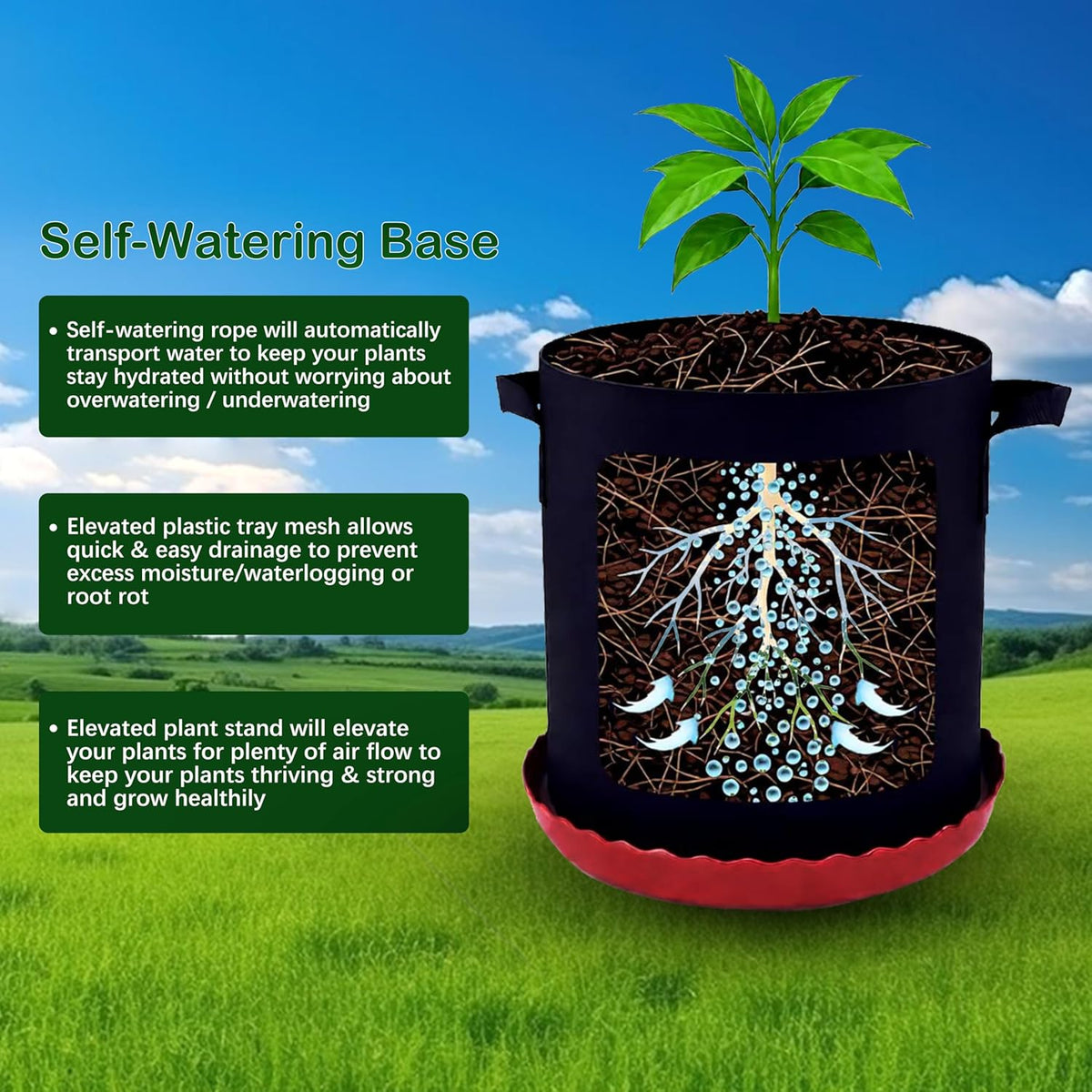 6 Pack 12 inch Self Watering Base for Fabric Grow Bag, Self-watering Plastic Elevated Plant Saucer Stand, Automatic Watering Tray for Non-woven Planter Flower Pot Growth Tent Greenhouse Indoor Outdoor