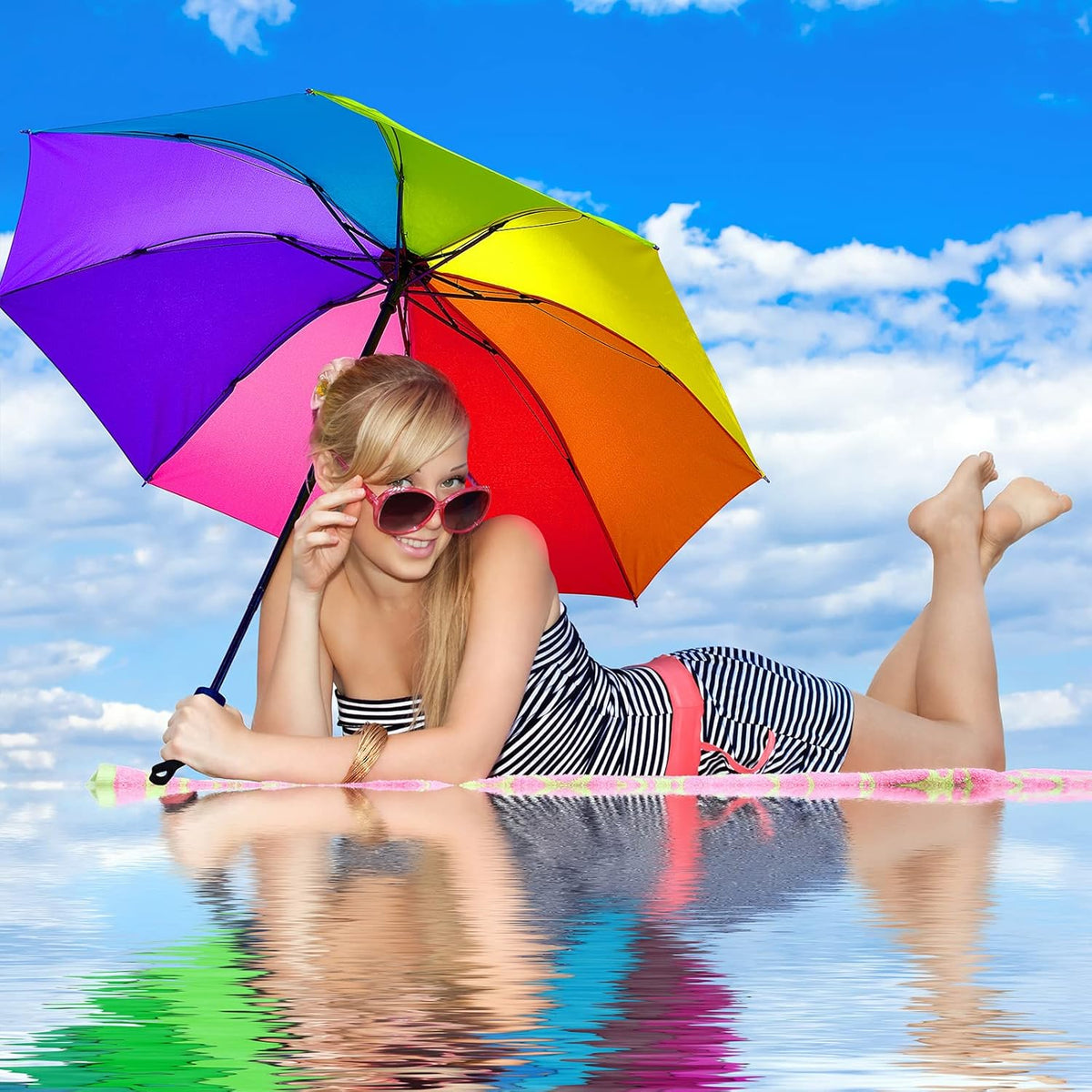 Amylove 2 Pieces 8 Rib Rainbow Umbrella Portable Compact Tri Folded Umbrella LGBT Pride Collapsible Kids Beach Rainbow Travel Parasol for rain sun Pride Month Wedding Party