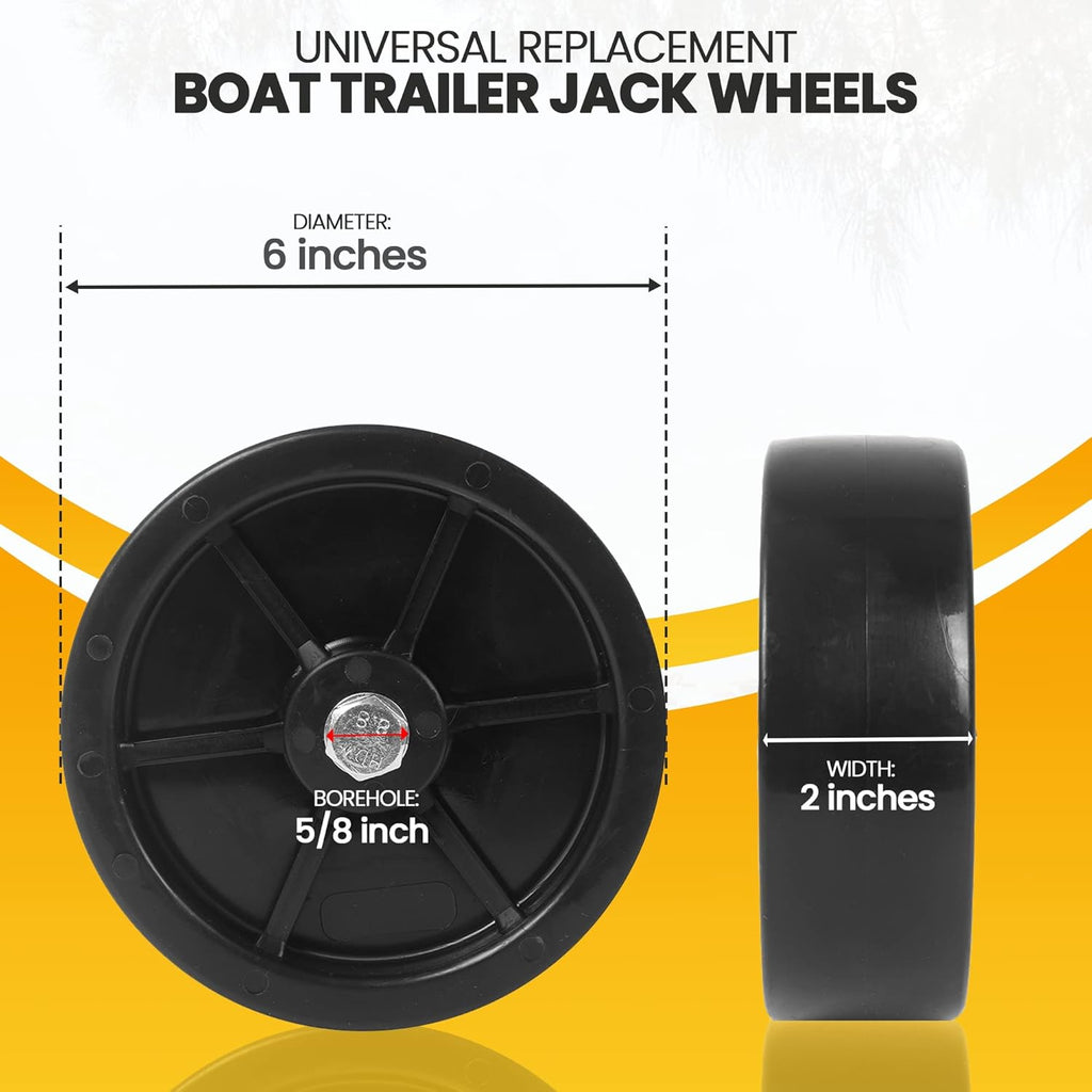(2-Pack)  6-Inch Boat Trailer Jack Wheels - Universal Fit Black Plastic Caster Wheels - Includes All Mounting Hardware - Suitable for Boat Trailer Jacks with 1 or 2 Wheels