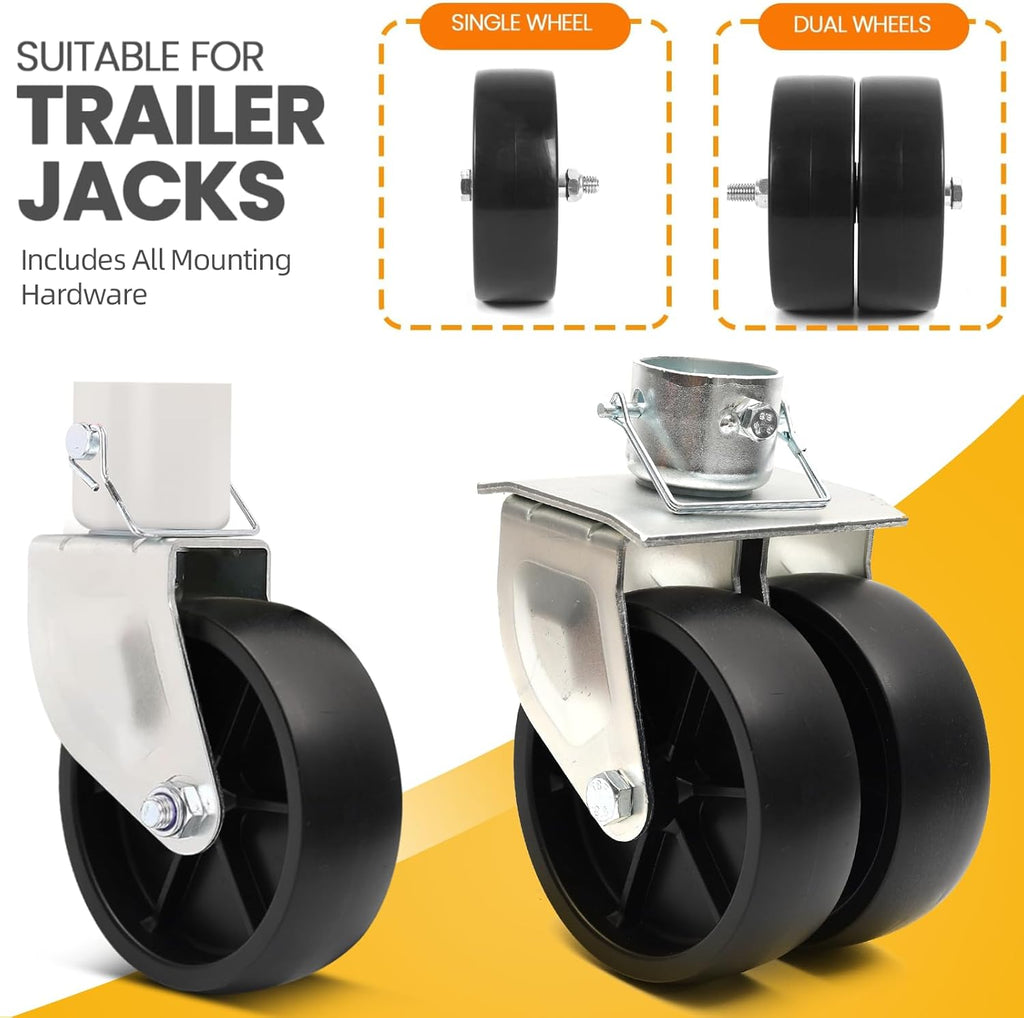 (2-Pack)  6-Inch Boat Trailer Jack Wheels - Universal Fit Black Plastic Caster Wheels - Includes All Mounting Hardware - Suitable for Boat Trailer Jacks with 1 or 2 Wheels