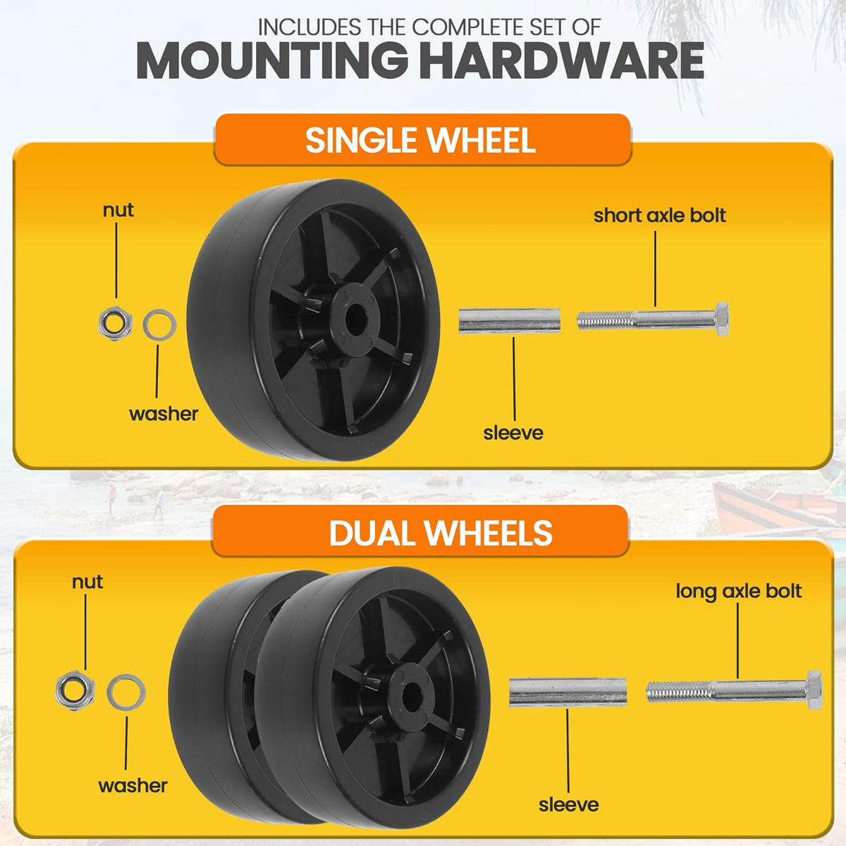 (2-Pack)  6-Inch Boat Trailer Jack Wheels - Universal Fit Black Plastic Caster Wheels - Includes All Mounting Hardware - Suitable for Boat Trailer Jacks with 1 or 2 Wheels