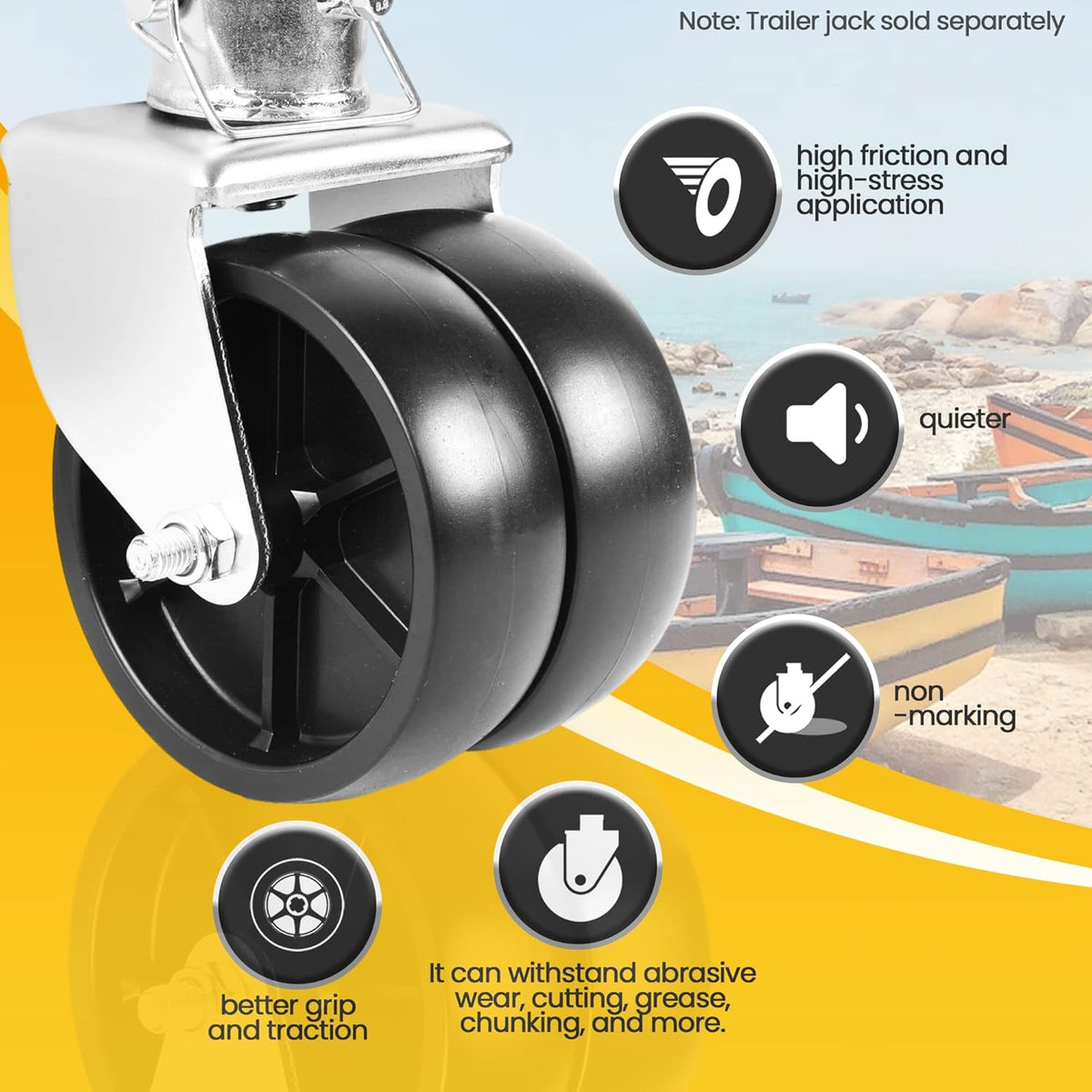 (2-Pack)  6-Inch Boat Trailer Jack Wheels - Universal Fit Black Plastic Caster Wheels - Includes All Mounting Hardware - Suitable for Boat Trailer Jacks with 1 or 2 Wheels
