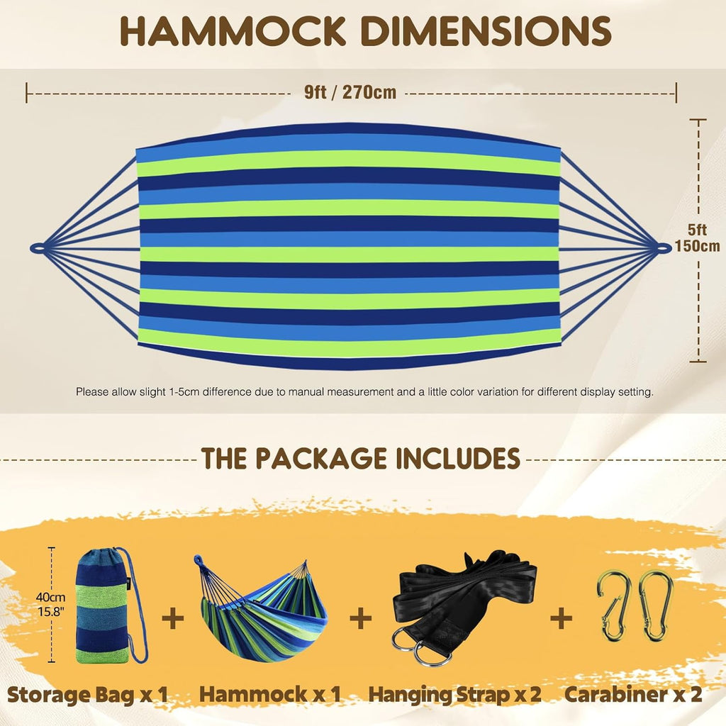 Cotton Hammock Portable Camping Hammocks for Hanging Sturdy Garden Comfortable Fabric Hammock with Tree Straps Up to 660lbs with Travel Bag for Camping Outdoor/Indoor Patio Backyard