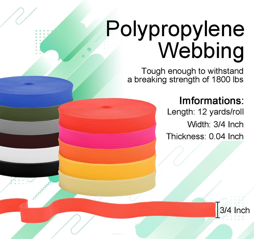 CooBigo Polypropylene Webbing Strap 3/4" Durable Poly Strapping 12 Yards 3/4 inch Wide Webbing Strap for Backbag,Pool Solar Cover,DIY Crafting,Pet Collar,Outdoor Gear
