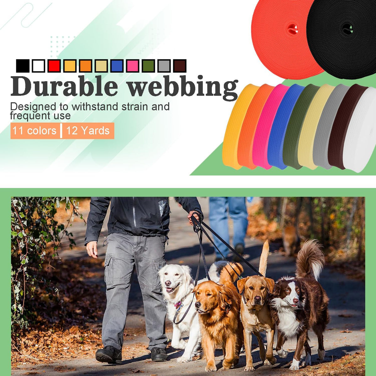 CooBigo Polypropylene Webbing Strap 3/4" Durable Poly Strapping 12 Yards 3/4 inch Wide Webbing Strap for Backbag,Pool Solar Cover,DIY Crafting,Pet Collar,Outdoor Gear