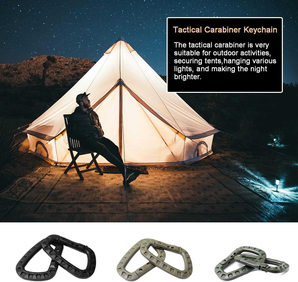 Tactical Gear Carabiner Keychain Clip Plastic D-Rings Large Key Chain Heavy Duty Snap Hook for Backpack, Belt, Keyrings, Bags, Bottle, Tent, Camping
