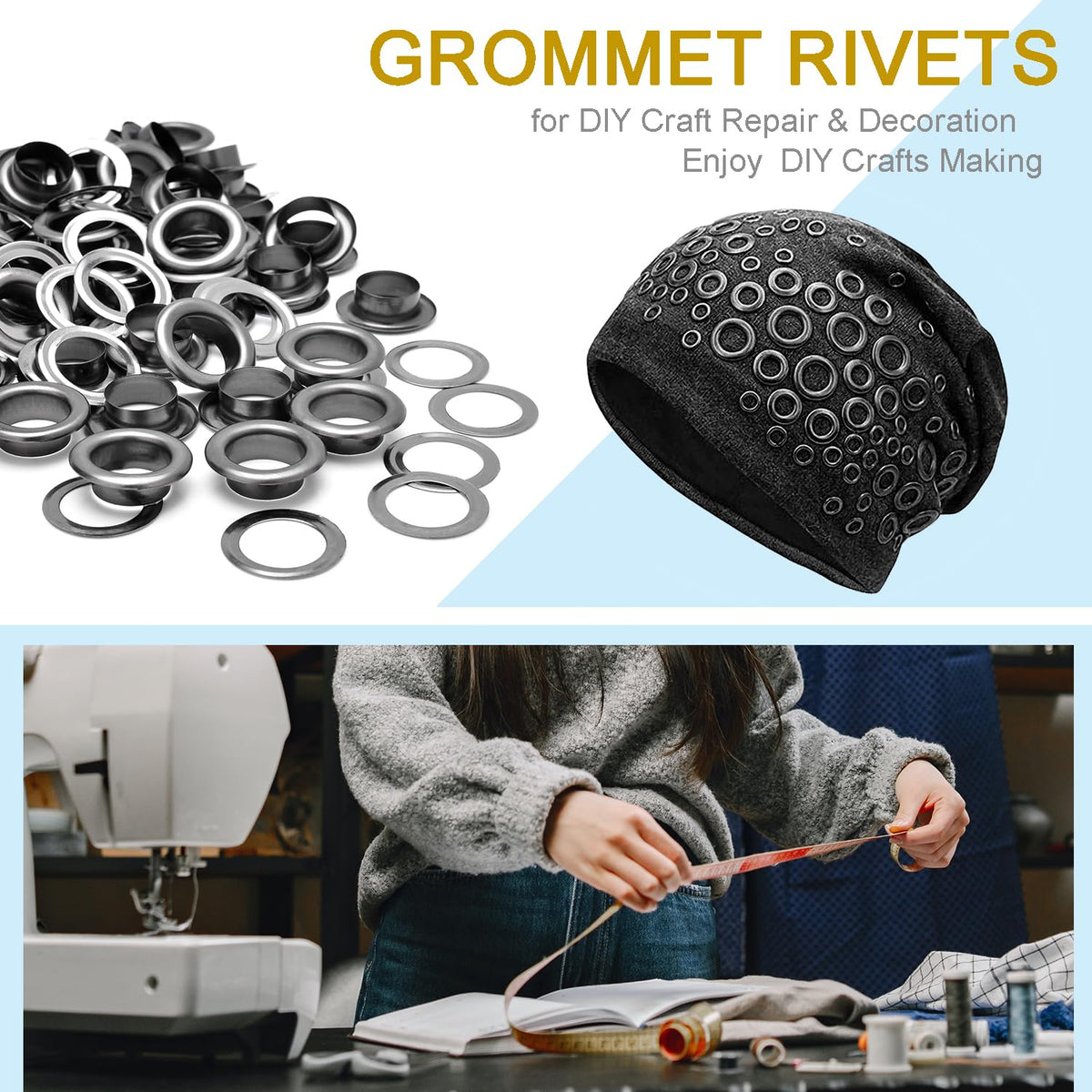 100Sets 1/2 Inch Eyelets and Grommets, Metal Eyelets Grommet Kit with Washers Backing Eyele for Fabric Clothing Tarps Leather Bag Shoes Curtains Hats Tents Repair and Decoration (Black)