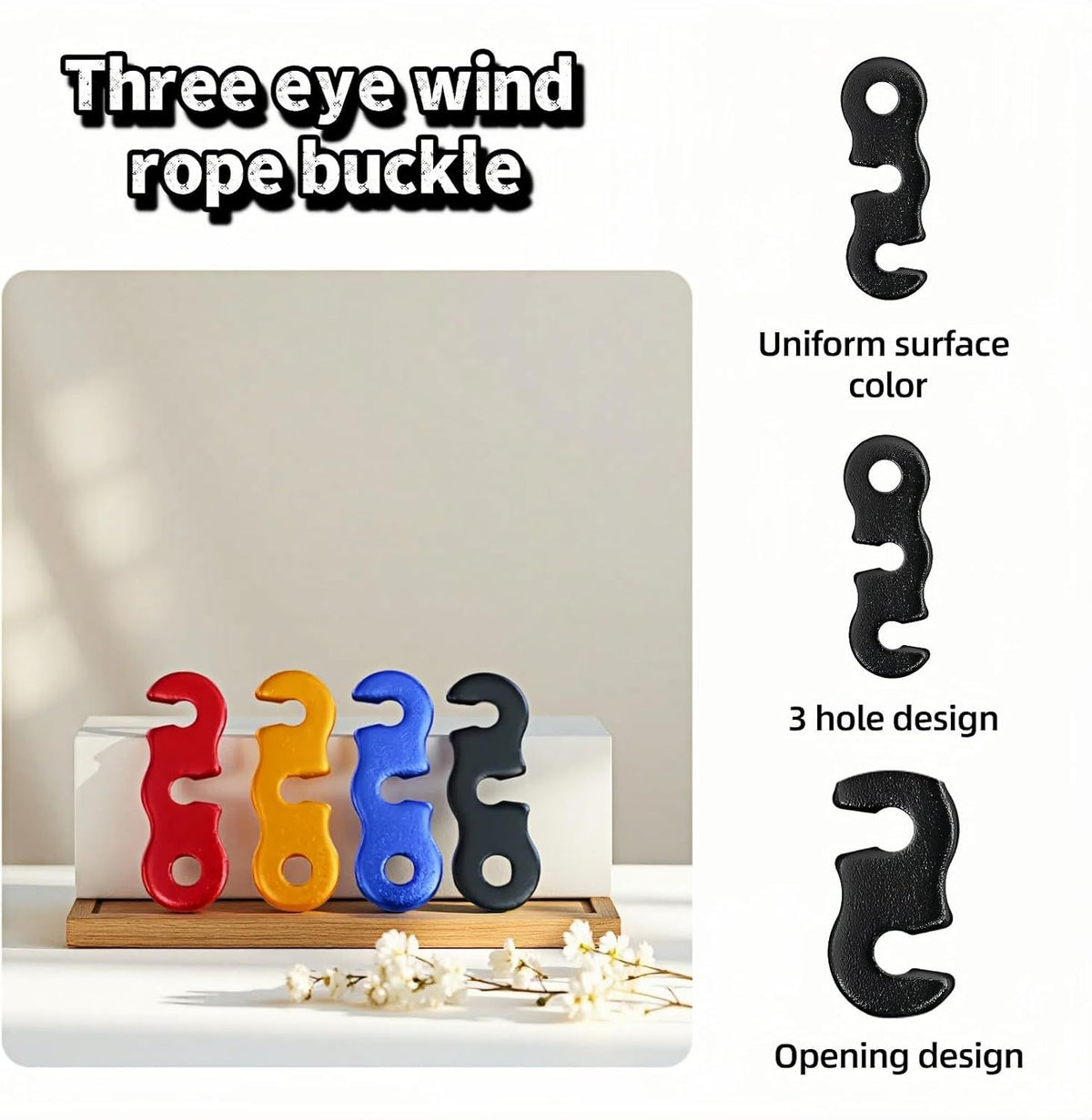 Three Eye Wind Rope Buckle,3-Hole Aluminum Guyline Tensioner, Lightweight Adjustable Cord Lock for Camping Tent Tarp, Parachute Cord Tightener,Set of 4 Colors