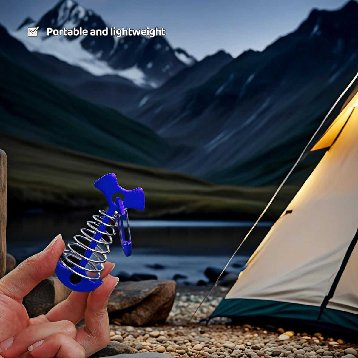 Fishbone SpringTent Peg Portable Windproof Anchors,Aluminum Tent Stakes with Carabiner for Camping Deck, Spring-Loaded Gutter Hook for Tarp,Adjustable Gap Stake for Outdoor Canopy (Blue and Black)