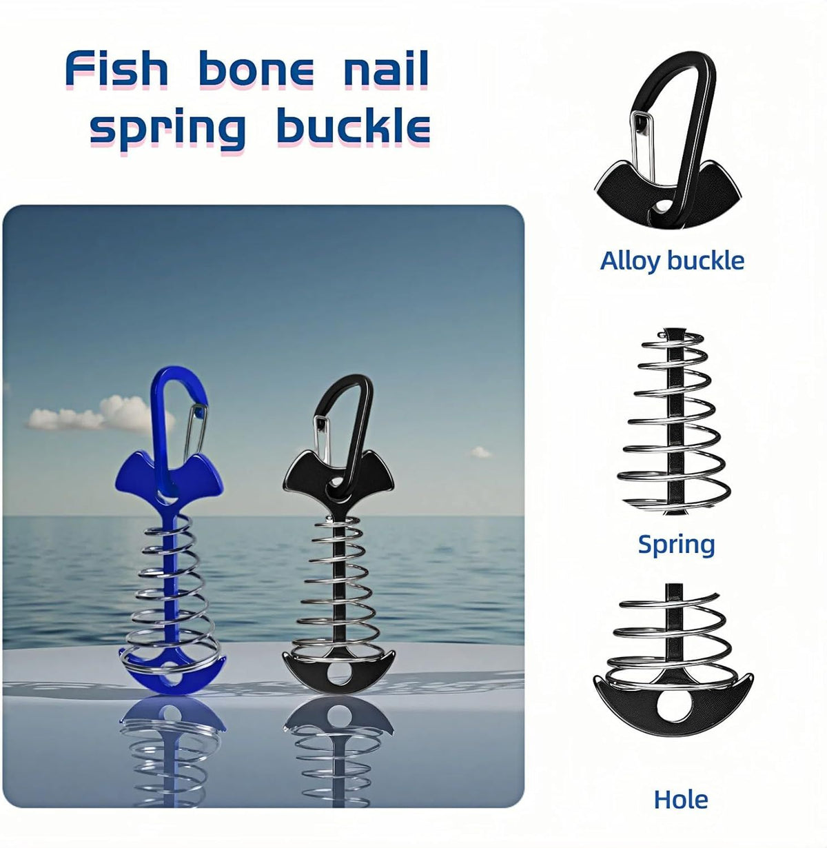 Fishbone SpringTent Peg Portable Windproof Anchors,Aluminum Tent Stakes with Carabiner for Camping Deck, Spring-Loaded Gutter Hook for Tarp,Adjustable Gap Stake for Outdoor Canopy (Blue and Black)