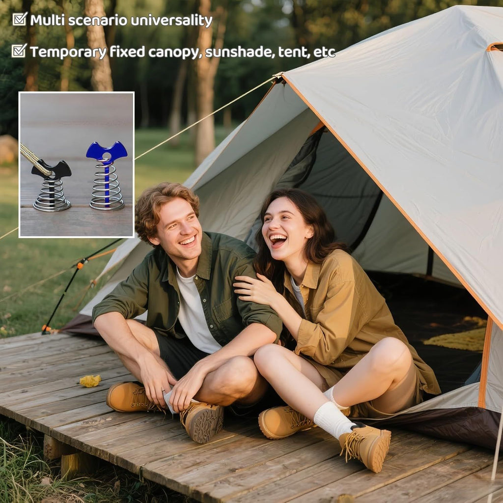 Fishbone SpringTent Peg Portable Windproof Anchors,Aluminum Tent Stakes with Carabiner for Camping Deck, Spring-Loaded Gutter Hook for Tarp,Adjustable Gap Stake for Outdoor Canopy (Blue and Black)