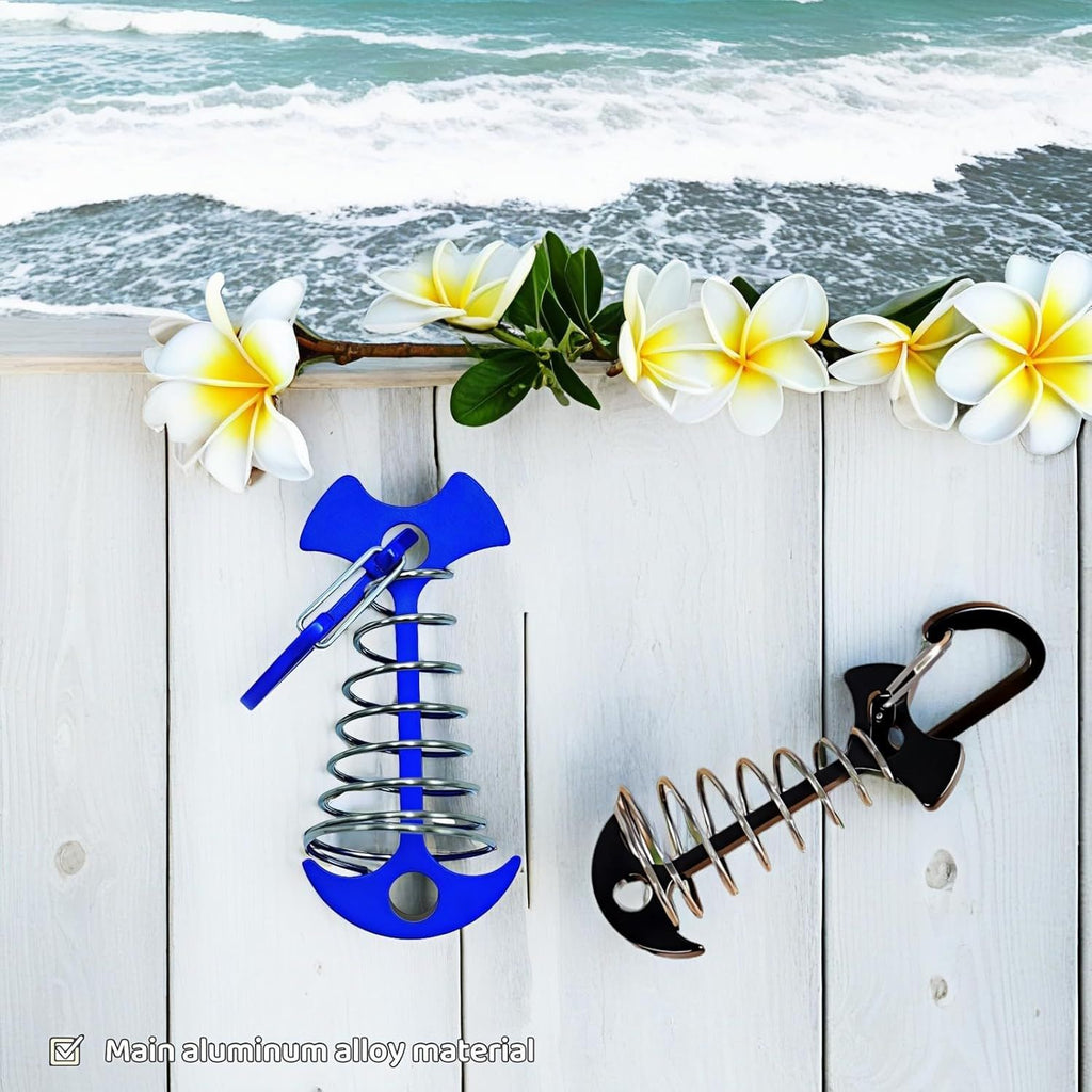 Fishbone SpringTent Peg Portable Windproof Anchors,Aluminum Tent Stakes with Carabiner for Camping Deck, Spring-Loaded Gutter Hook for Tarp,Adjustable Gap Stake for Outdoor Canopy (Blue and Black)
