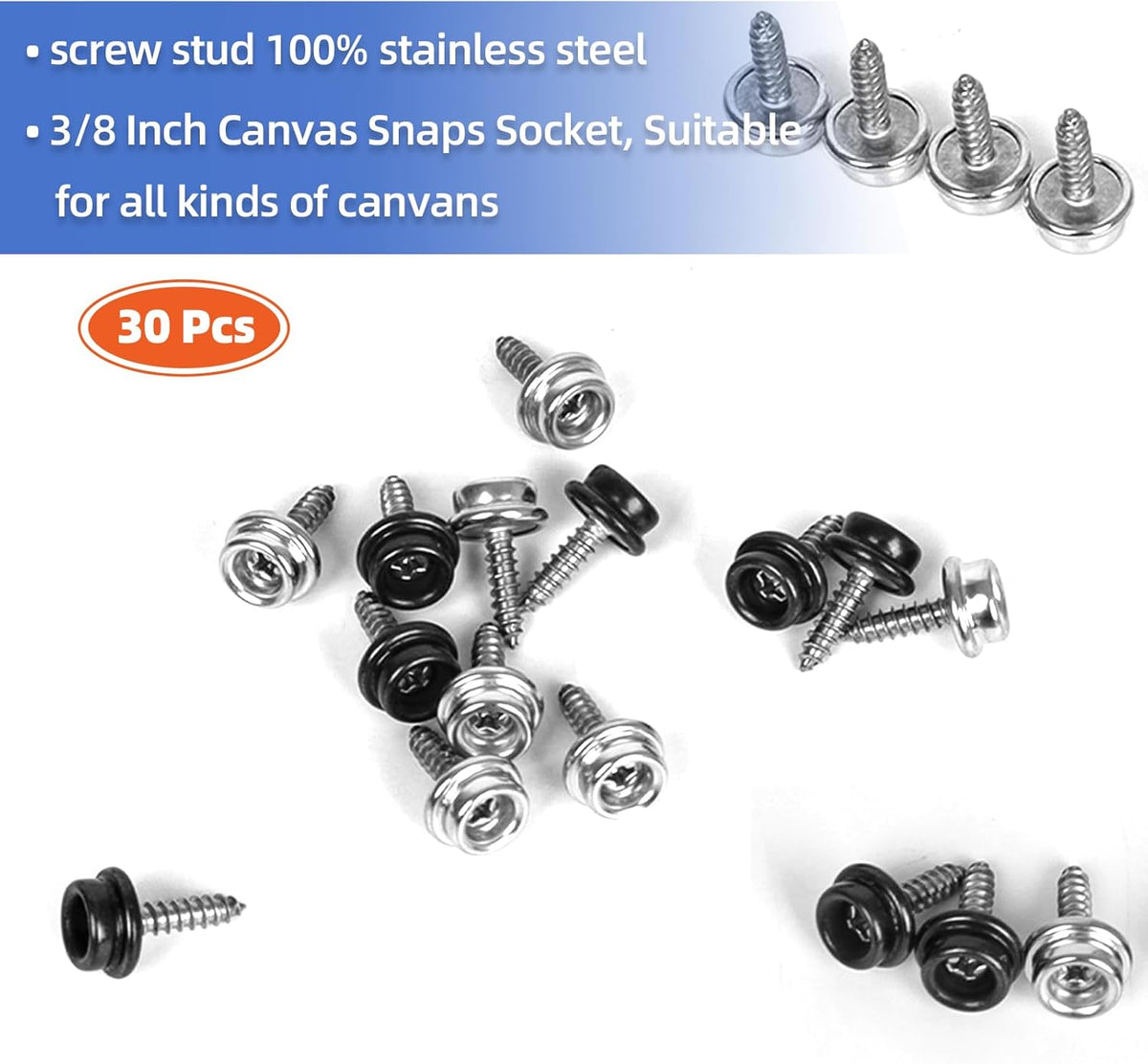 1" Boat Canvas Snaps, Marine Grade Boat Cover Snaps Stainless Steel Screws, 3/8" Socket Snap with Stainless Steel 1" Screw, 30 PCS