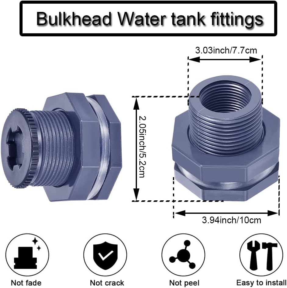2” Female PVC Bulkhead Fitting with Plug Silicon Seal Gasket Water Tank Connector for 3 Inch Hole Saw Rain Barrels, Aquariums
