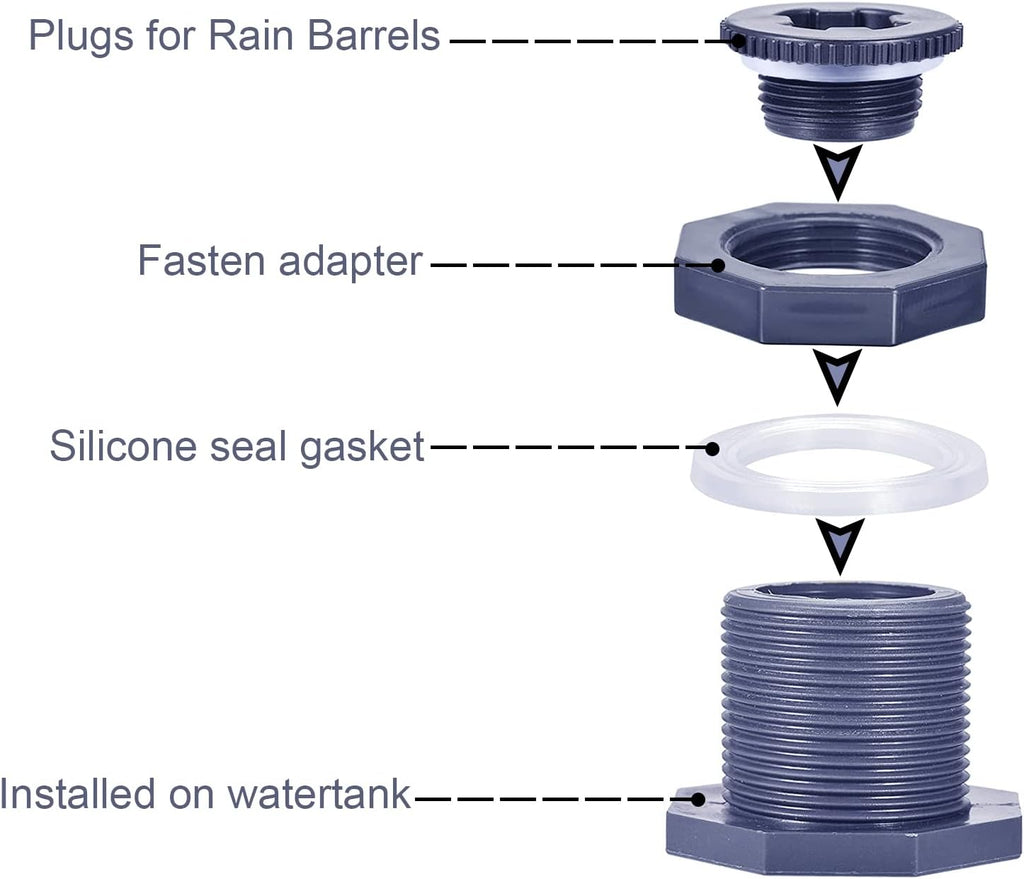2” Female PVC Bulkhead Fitting with Plug Silicon Seal Gasket Water Tank Connector for 3 Inch Hole Saw Rain Barrels, Aquariums