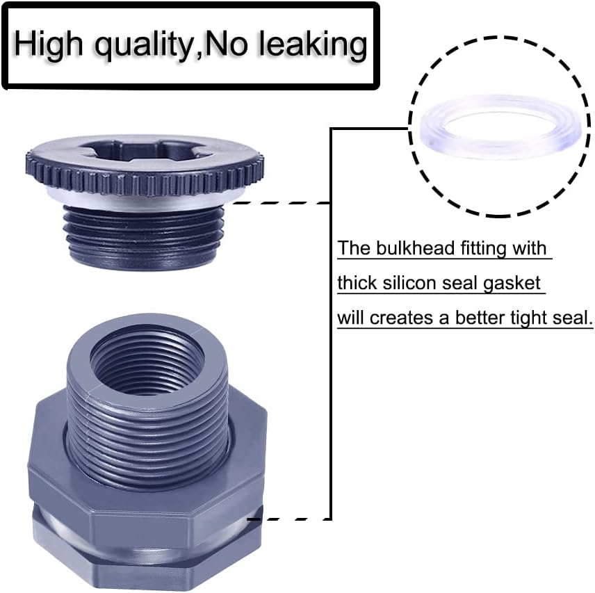 2” Female PVC Bulkhead Fitting with Plug Silicon Seal Gasket Water Tank Connector for 3 Inch Hole Saw Rain Barrels, Aquariums