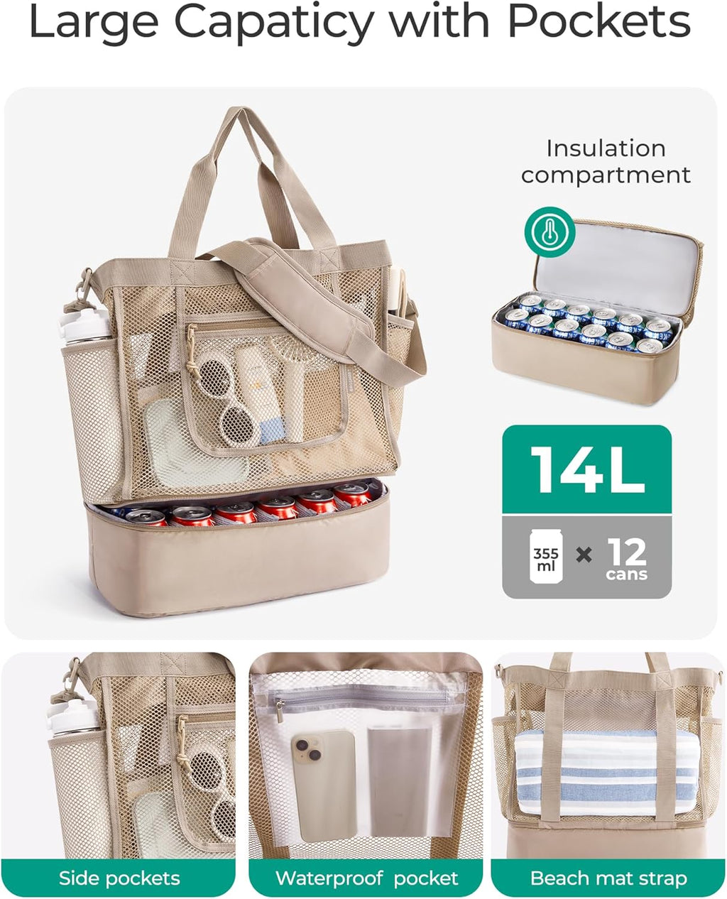 Beach Bag for Women, Mesh Tote Bags with Zipper, Sandproof Vacation Essentials with Cooler for Swim Cruise Pool