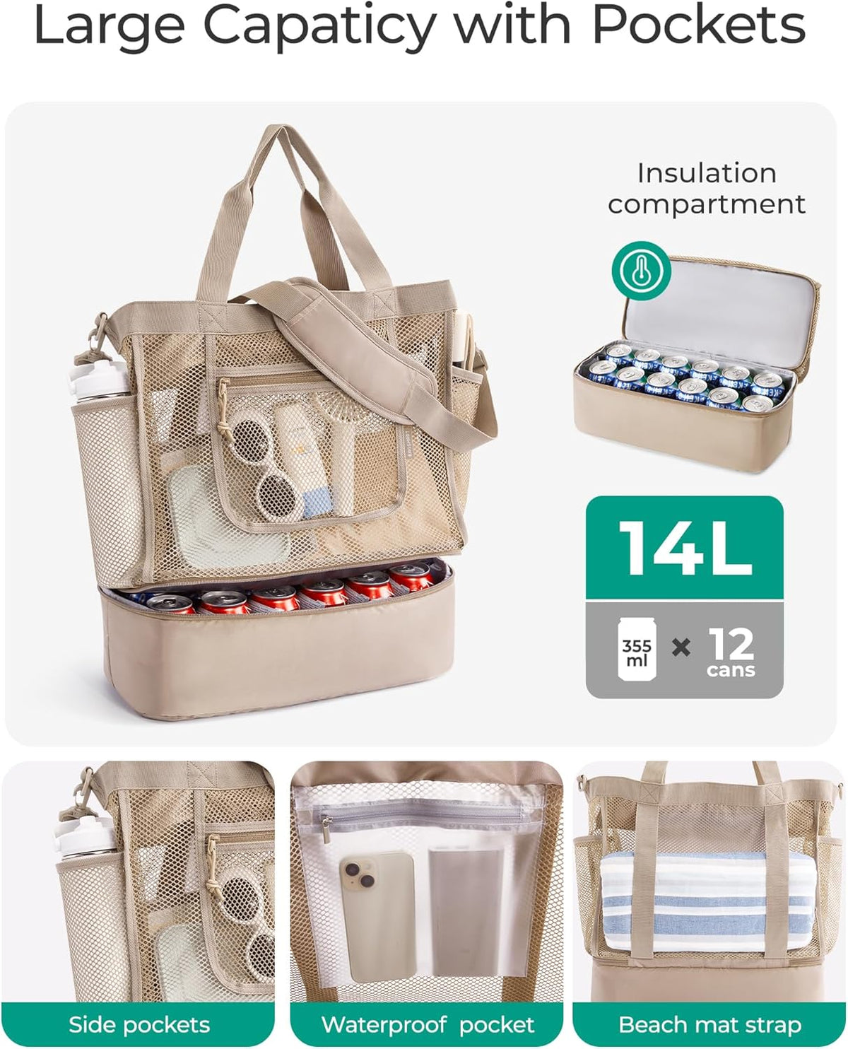 Beach Bag for Women, Mesh Tote Bags with Zipper, Sandproof Vacation Essentials with Cooler for Swim Cruise Pool