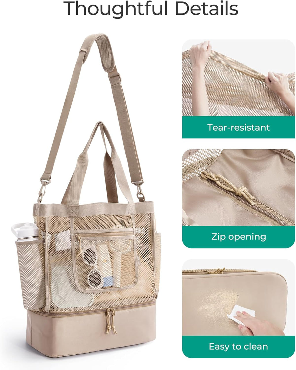 Beach Bag for Women, Mesh Tote Bags with Zipper, Sandproof Vacation Essentials with Cooler for Swim Cruise Pool