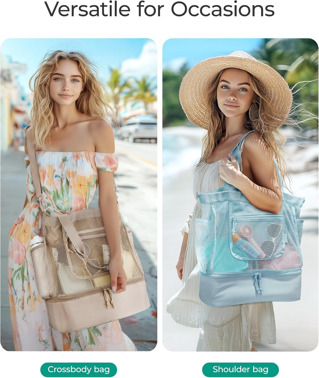 Beach Bag for Women, Mesh Tote Bags with Zipper, Sandproof Vacation Essentials with Cooler for Swim Cruise Pool