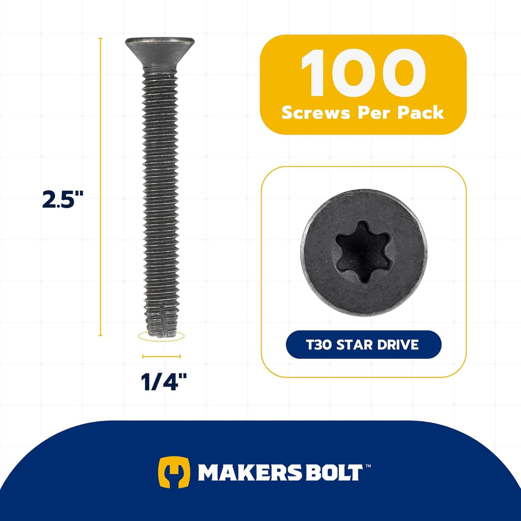 1/4 x 2-1/2" Trailer Deck Screws (100 pcs) T-30 Star Drive, Black Phosphate and Oil, Type F Thread Cutting Wood and Metal for Floorboards by Makers Bolt