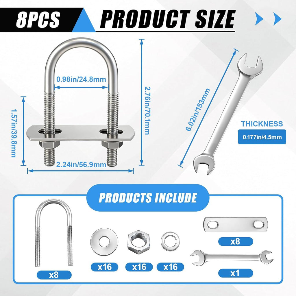 8 Sets M6 U Bolts 1 Inch Wide, 304 Stainless Steel Heavy Duty 25mm x 70mm U Bolts with Nuts, Bolt Plate, Washers and Wrench for Boat Trailer