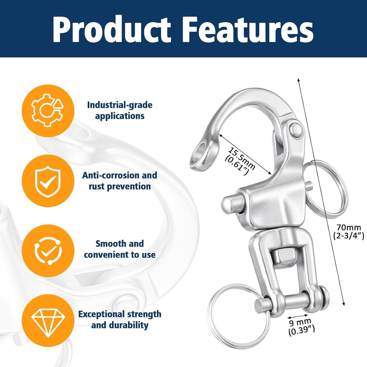 316 Stainless Steel Swivel Snap Shackle Clevis Quick Heavy Duty Release Spring Hook Marine Grade Sailing Halyard Shackle for Boat Rigging Industrial Lifting Climbing