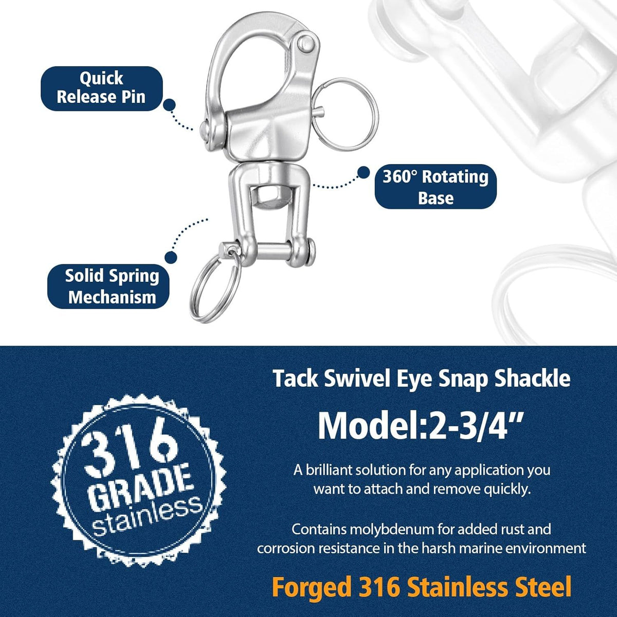 316 Stainless Steel Swivel Snap Shackle Clevis Quick Heavy Duty Release Spring Hook Marine Grade Sailing Halyard Shackle for Boat Rigging Industrial Lifting Climbing