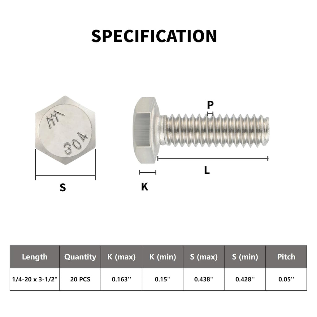 15Pcs 1/4-20 x 3-1/2" Hex Head Screws Bolts,304 Stainless Steel 18-8,Fully Threaded,External Hex Drive,Mounting Chair,Rail,Pump,Wheels,Handles,Antenna Parts,Boat and Plastic Bumpers(VG10211)