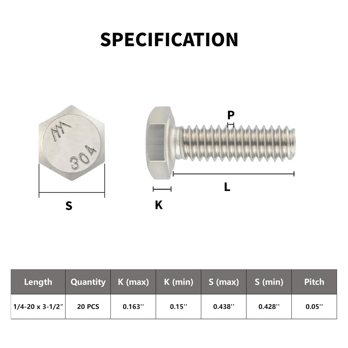 15Pcs 1/4-20 x 3-1/2" Hex Head Screws Bolts,304 Stainless Steel 18-8,Fully Threaded,External Hex Drive,Mounting Chair,Rail,Pump,Wheels,Handles,Antenna Parts,Boat and Plastic Bumpers(VG10211)