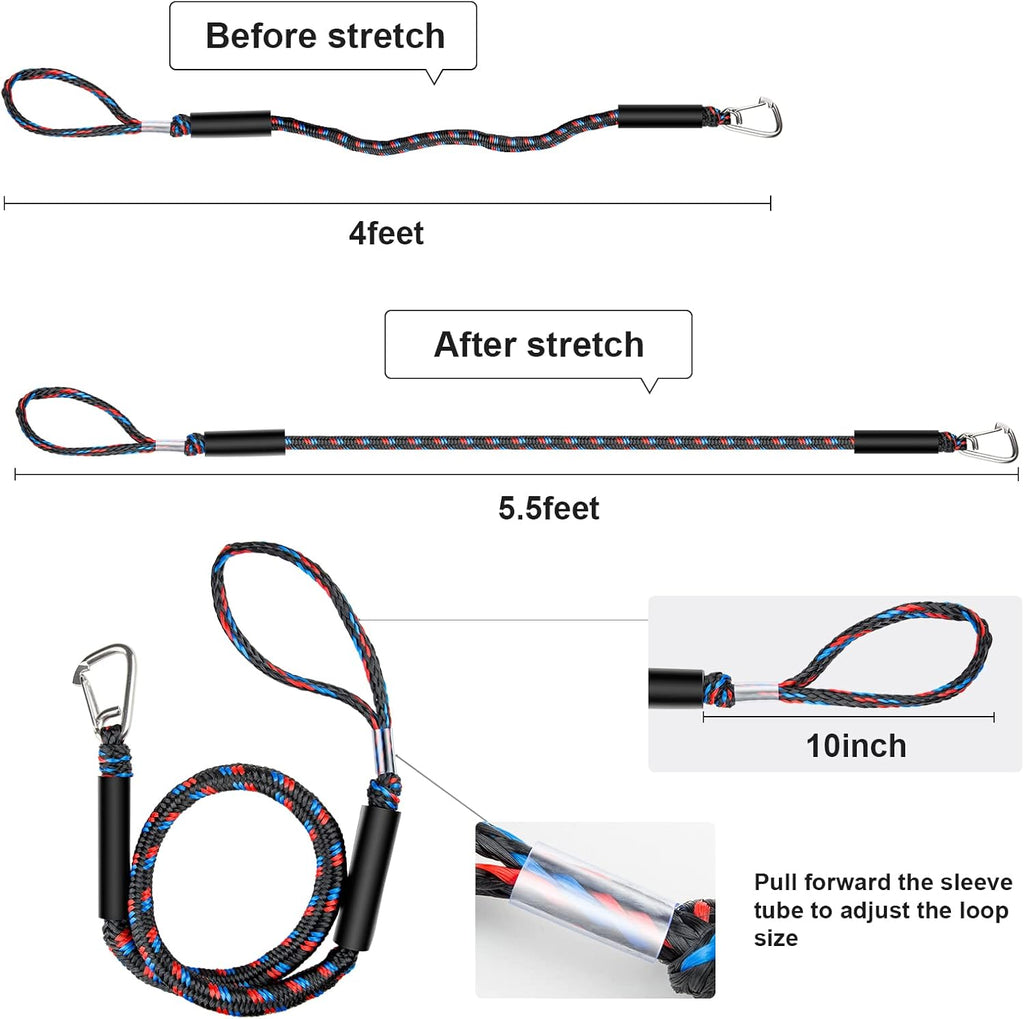 Boat Bungee Dock Lines with 316 Stainless Clips - Shock-Absorbing Jet Ski Dock Line, PWC Accessories, Boat Mooring Line/Tie Downs for Bass Boat, Fishing Pontoon, Dinghy - 4Feet