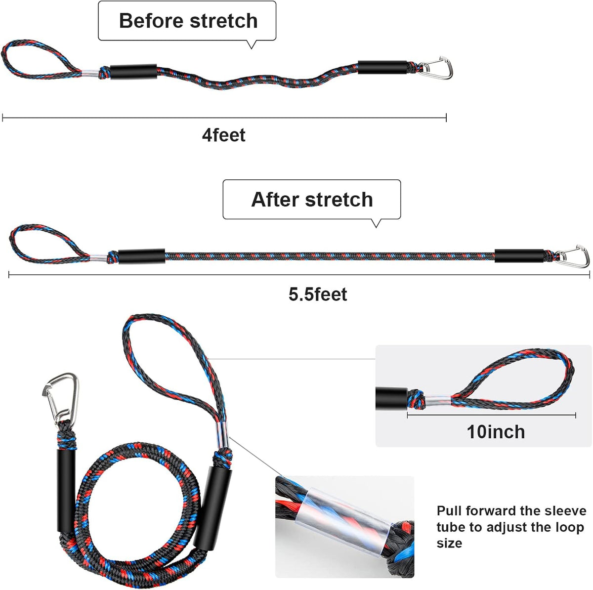 Boat Bungee Dock Lines with 316 Stainless Clips - Shock-Absorbing Jet Ski Dock Line, PWC Accessories, Boat Mooring Line/Tie Downs for Bass Boat, Fishing Pontoon, Dinghy - 4Feet