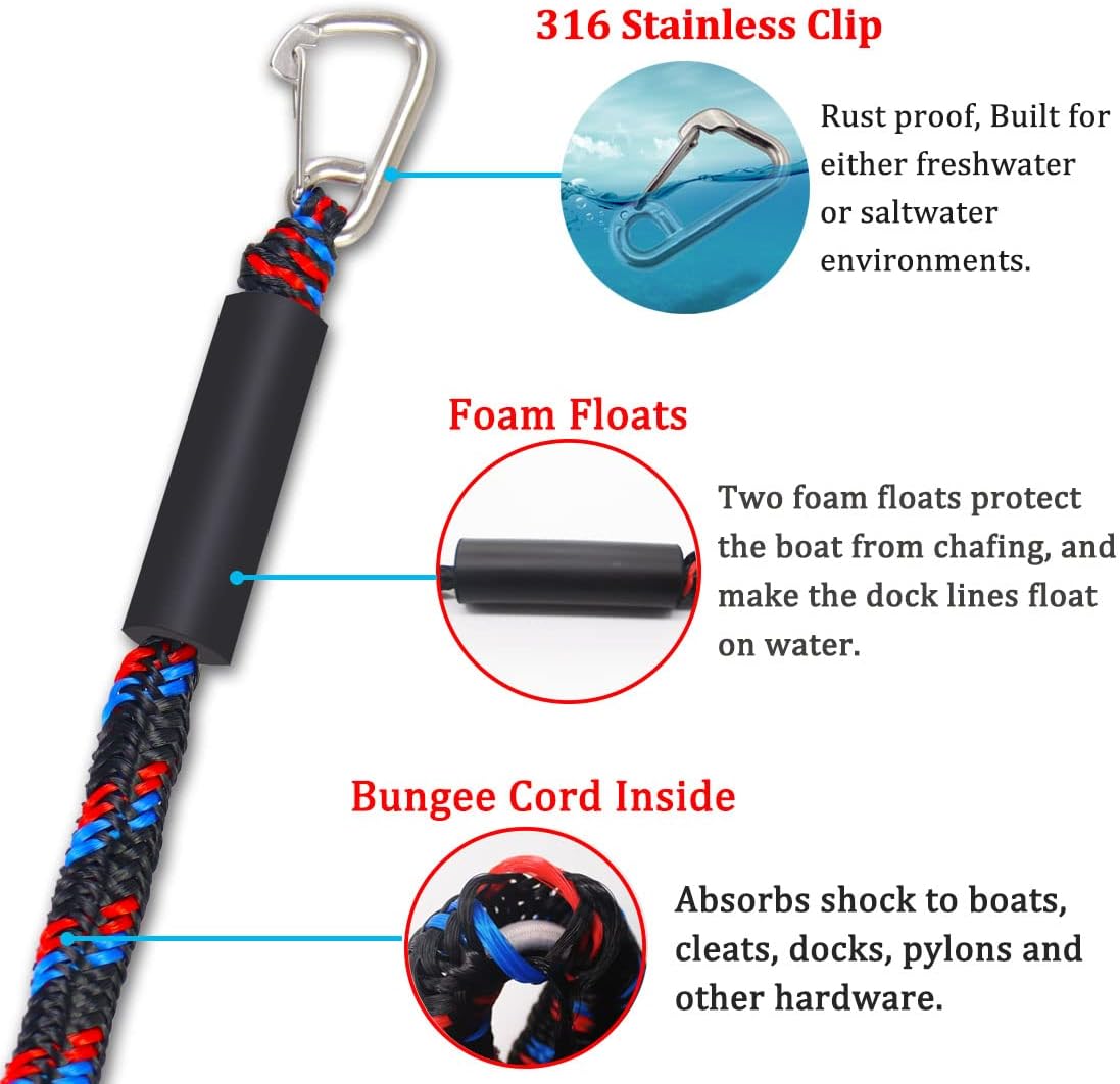 Boat Bungee Dock Lines with 316 Stainless Clips - Shock-Absorbing Jet Ski Dock Line, PWC Accessories, Boat Mooring Line/Tie Downs for Bass Boat, Fishing Pontoon, Dinghy - 4Feet