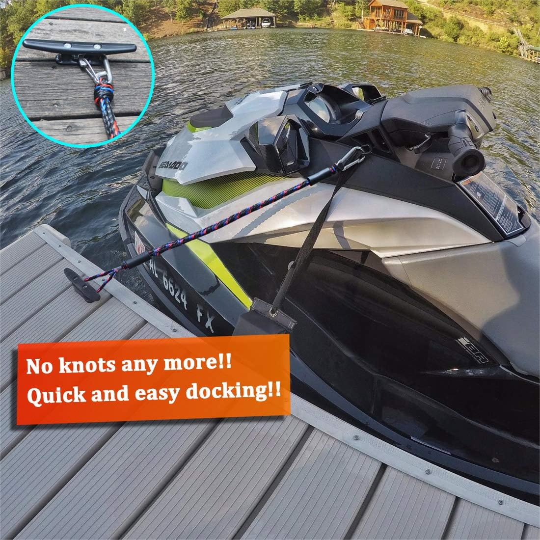 Boat Bungee Dock Lines with 316 Stainless Clips - Shock-Absorbing Jet Ski Dock Line, PWC Accessories, Boat Mooring Line/Tie Downs for Bass Boat, Fishing Pontoon, Dinghy - 4Feet