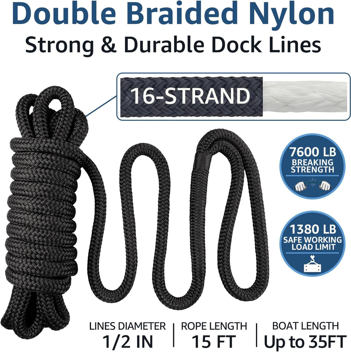 Boat Dock Lines 1/2" x 15' - Double Braided Nylon Boat Ropes for Docking with 12" Loop, Marine-Grade High Strength Boat Lines Dock Rope, Premium Marine Rope Mooring Lines, Easy Handling - 4 Pack,Black