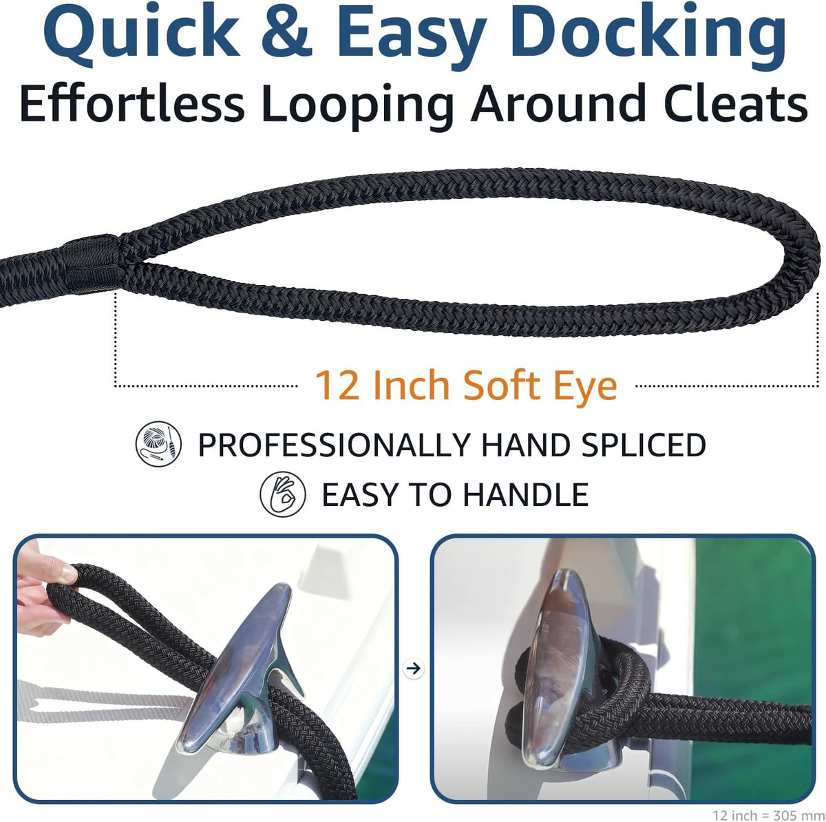 Boat Dock Lines 1/2" x 15' - Double Braided Nylon Boat Ropes for Docking with 12" Loop, Marine-Grade High Strength Boat Lines Dock Rope, Premium Marine Rope Mooring Lines, Easy Handling - 4 Pack,Black