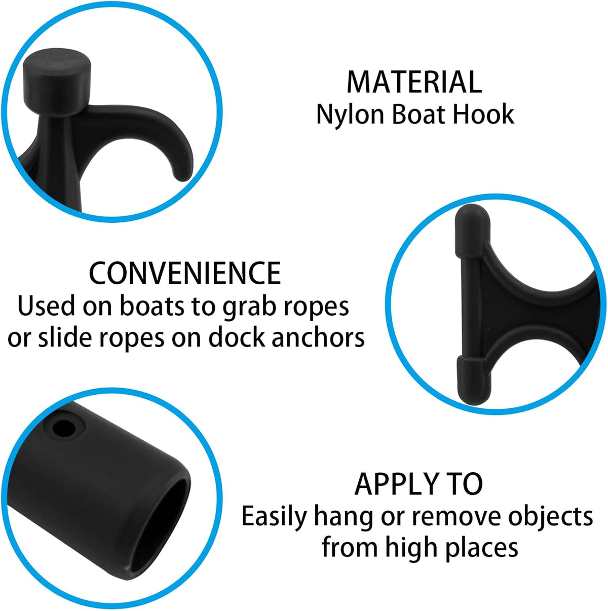 2Pcs Nylon Boat Hook Floating,Hook for Extension Pole,Unbreakable,Durable,Rust-Resistant Replacement Attachment End Mooring Yacht Kayak,Black
